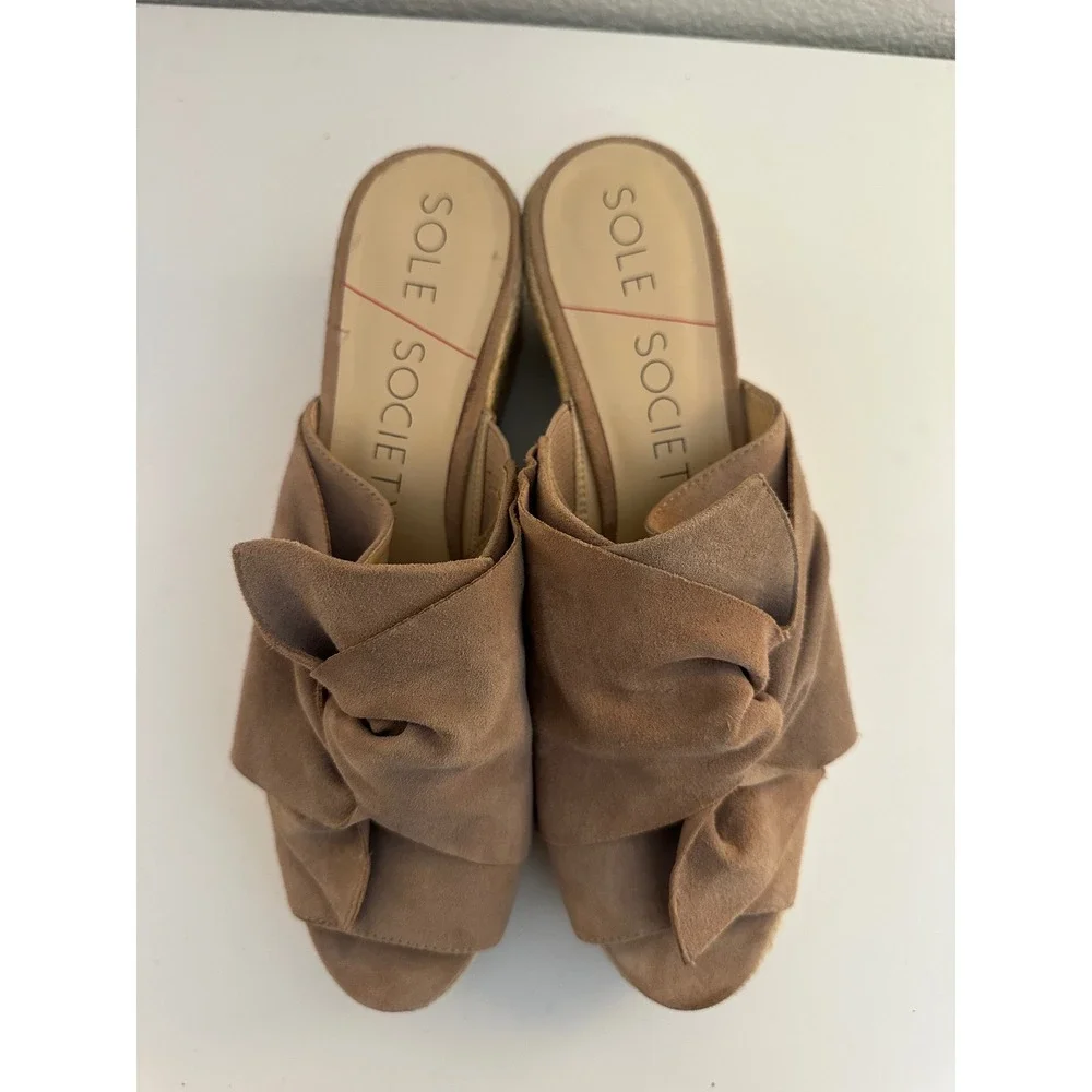 Sole Society Women's Tan Suede Knot Bow Espadrille Wedge Sandals Size 9.5M